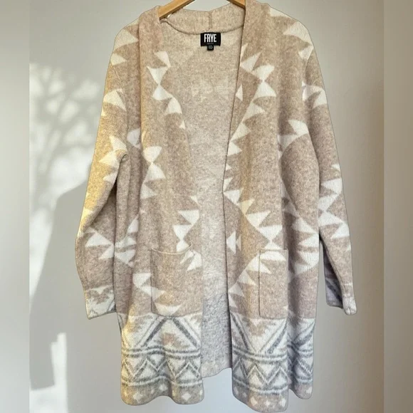 Frye Tan and White Cardigan Sweater with Geometric Design - Picture 2 of 8